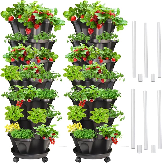 Strawberry Vertical Planter 2 Pack, 7 Tiered Stacking Garden Tower, Stackable Herb Vegetable Planters with Support Pole Indoor Outdoor Black