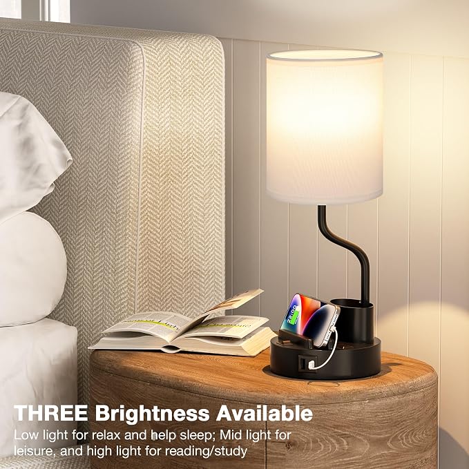 Fenmzee Bedside Lamps for Bedroom Set of 2 - Table Desk Lamp for Nightstand | 15" Table Lamp for Living Room with Pen Holder & Phone Stand, USB A+C Port, AC Outlet, 3 Color Temperature, LED Bulb Included