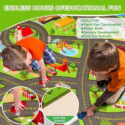 Kids Rugs Traffic Road Carpet for Car City Map Play Rug 3.3'×5' for Playroom Educational Mat Area Rug, Kid Playtime Collection Toddler Car Track Rug Cute Cartoon (City Road B, 39.4×59 in)
