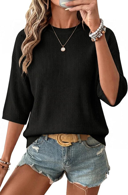 Arach&Cloz Womens Summer 100% Cotton Oversized Crochet Tops 3/4 Length Sleeve Sweater Hollow Out Casual Blouses 2026