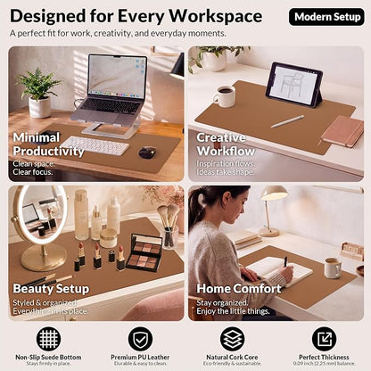 AFIING Leather Desk Mat, Brown, 23.6" x 13.8", Desk Pad Protector | Dual-Sided & PU Leather, Waterproof, Non-Slip for Mouse Pad, Writing, Home Office& Laptop