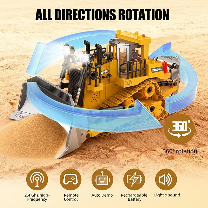 RC Bulldozer Toy with Metal Blade, Light and Sound, 9CH 2.4GHz Remote Control Construction Truck, Tractor Dozer Toys for Boys Kids Ages 3-12 Year Old, Christmas Birthday Gifts