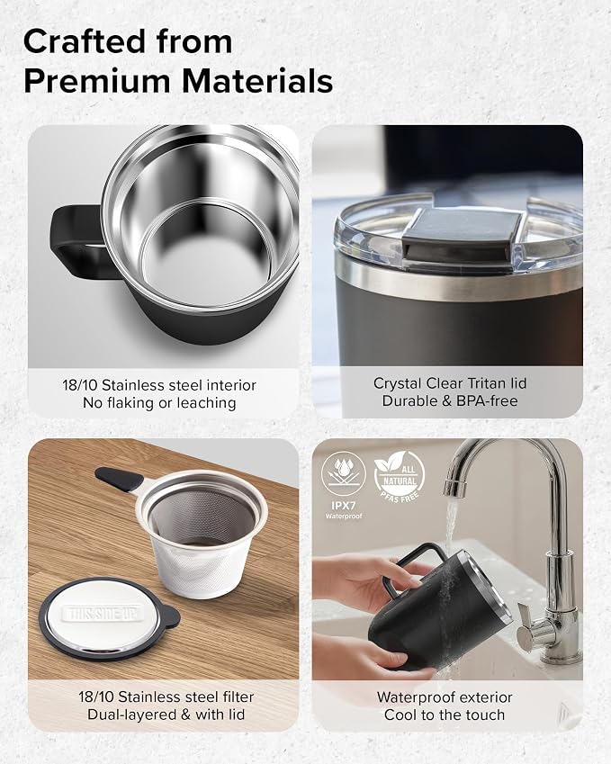 Nuwave Self-Heating Coffee Mug with Charging Base, 16oz, 45201BV02 | Heated Coffee Cup, 5Hr Cordless Runtime, LED Touch Controls, Adjustable Brew Settings, Includes Stainless Steel Filter