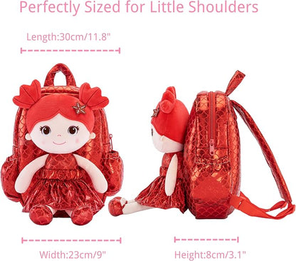 Lazada Toddler Backpack - Baby Girl Gifts Plush Doll Dress Backpack - Fashion Girls Tina Fish Scale Series - Red 11 Inches