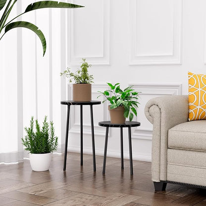 Plant Stand Indoor Tall: Corner Wood Plant Stand 2 Pack Mid Century Modern Decor - Small Round Plant Table for Indoor Plants - Outdoor Plant Holder for Patio Living Room Bathroom Office (Black Marble)