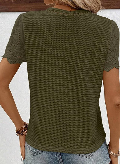 SHEWIN Womens Frenchy Summer Tops Crewneck Short Sleeve T Shirts Casual Waffle Knit Jacquard Blouses Top Shirts