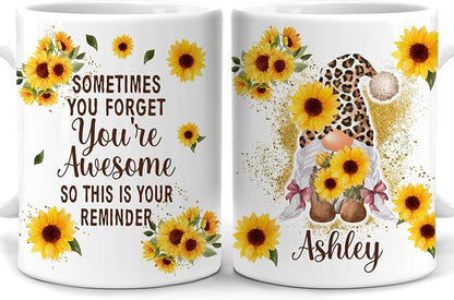 Hyturtle Personalized Gnome Mug Gifts For Gnome Lover, Thank You Gift Ideas | Cool Birthday Gifts For Women - Motivational Sunflower Custom Name 11oz White Ceramic Coffee Tea Mug, Comfort grip handle