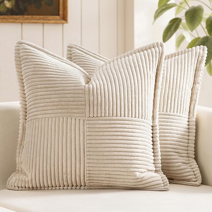 MIULEE Decorative Euro Sham Throw Pillow Covers for Couch Bed Livingroom 24x24 Inch Set of 2 Beige Boho Accent Throw Pllows Broadside Striped Patchwork Soft Corduroy Pillowcases