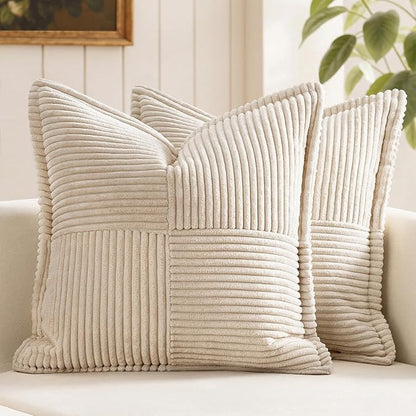 MIULEE Decorative Euro Sham Throw Pillow Covers for Couch Bed Livingroom 24x24 Inch Set of 2 Beige Boho Accent Throw Pllows Broadside Striped Patchwork Soft Corduroy Pillowcases