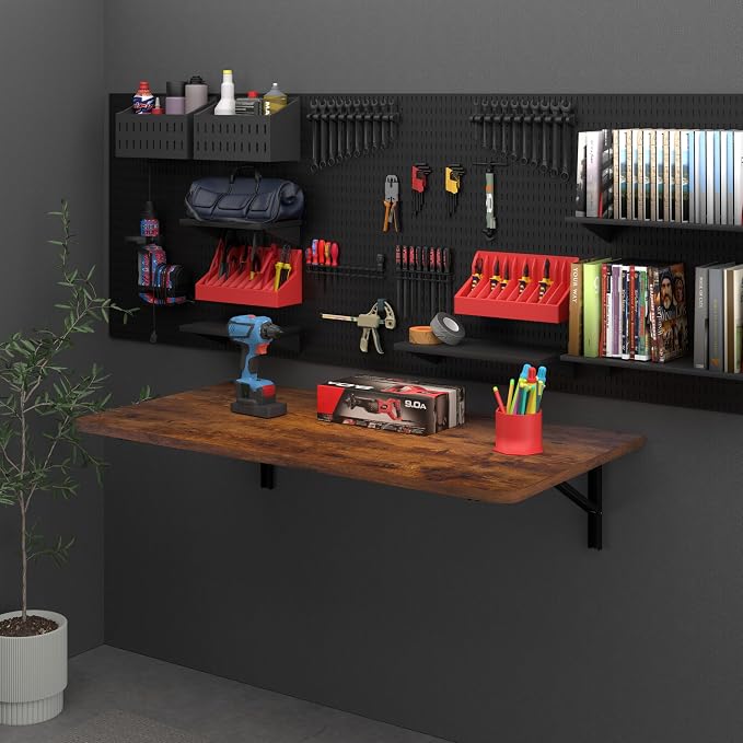 IAE 36x22in Floating Fold Desk,Wall-Mounted Folding Computer Table,Rustic | Study Table with Shelf Brackets,Foldable Down Shelf with Engineered Wood,Fold Computer Desk for Small Apartment,Holds 502 lb