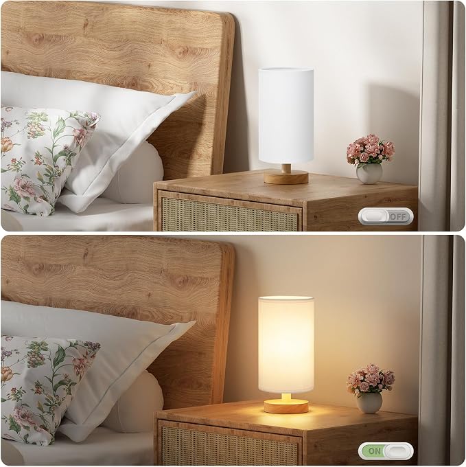 Fenmzee Small Table Lamps (White Shade - Wood Base, 9" Inline Control) | 3000K LED Blub Included | 680 Lumens | Easy Assembly | Minimalist Design | E26 | for Kitchen | for Kids Room