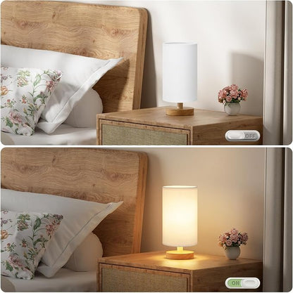Fenmzee Small Table Lamps (White Shade - Wood Base, 9" Inline Control) | 3000K LED Blub Included | 680 Lumens | Easy Assembly | Minimalist Design | E26 | for Kitchen | for Kids Room