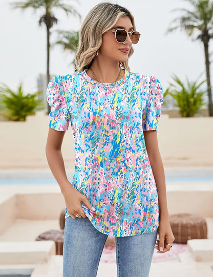 Ivicoer Puff Short Sleeve Shirt for Women Eyelet Tops Summer Crewneck Blouse Loose Fit S-XXL