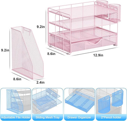 gianotter Desk Organizers and Accessories with File Holder, 4-Tier Desk Accessories & Workspace Organizers with Drawer and 2 Pen Holder, Paper Organizer for Office Supplies (Pink)
