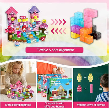 300PCS Magnetic Blocks Building Toys for Kids - 0.8in Magnet Cubes Cherry Blossom Forest Theme Toddler Toys, STEM Preschool Educational Sensory Construction Set, Birthday Gifts for Boys Girls Age 3-8