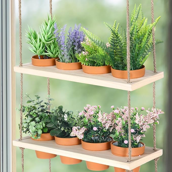 4 Tiered Window Plant Shelves Hanging Herb Planter Indoor Display with 16 Pcs Flower Pots Wood Window Plant Hanger for Grow Herbs Succulents Microgreens Seedling Organization