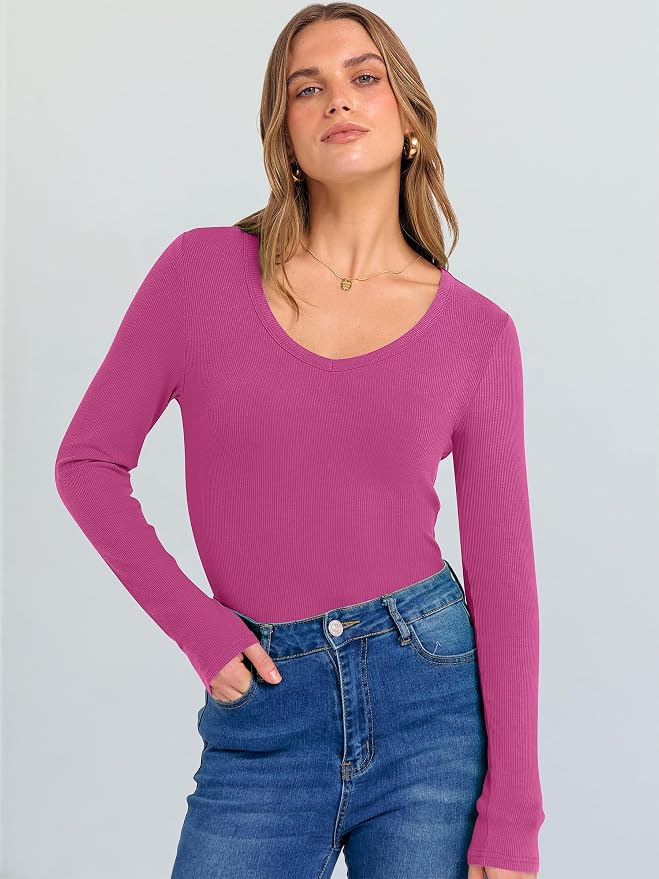 ANRABESS Long Sleeve V Neck Shirts for Women | Soft Comfy Ribbed Knit Fitted Tshirts, Casual Going Out Tops, 2026 Trendy Basic, Fall Winter Underscrub Layering Clothes