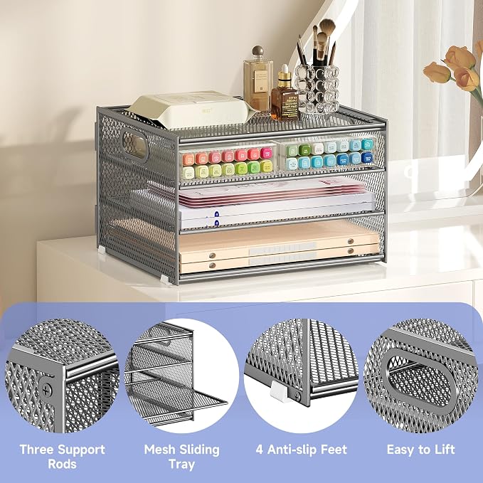 Subekyu Paper Letter Tray Organizer for Desk, Silver Metal Mesh Desk File Folder Sorter Organizer with Handle for Home Office School Supplies Organization