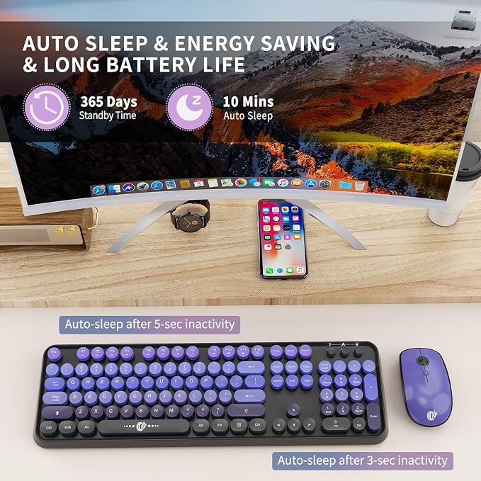FOPETT Wireless Keyboard and Mouse Combo, 104 Keys Full-Sized 2.4 GHz Round Keycap Colorful Keyboards, USB Receiver Plug and Play, for Windows, Mac, PC, Laptop, Desktop (GradientPurple)