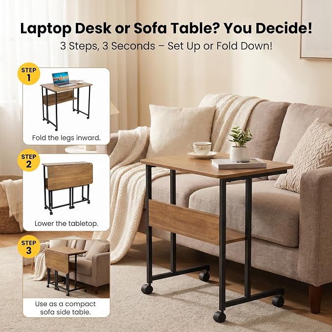 Mobile Foldable Computer Desk with Lockable Wheels & Fixed Foot Pads,Space Saving Folding Writing Gaming Table with Storage Shelf,Laptop Desk for Bedroom Small Apartment Office