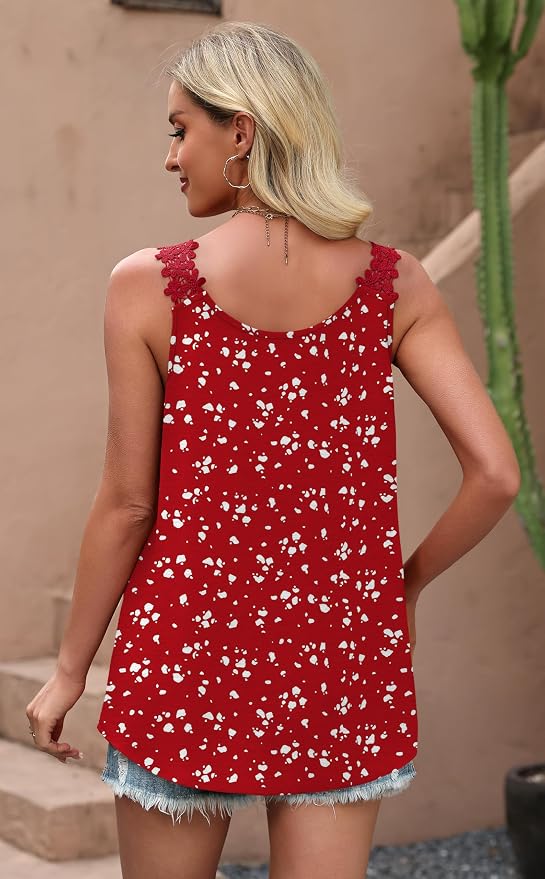 OFEEFAN Tank Top for Women Loose Fit Crew Neck Sleeveless Shirts Strap Lace Camisole Chiffon Summer Tops Curved Hem