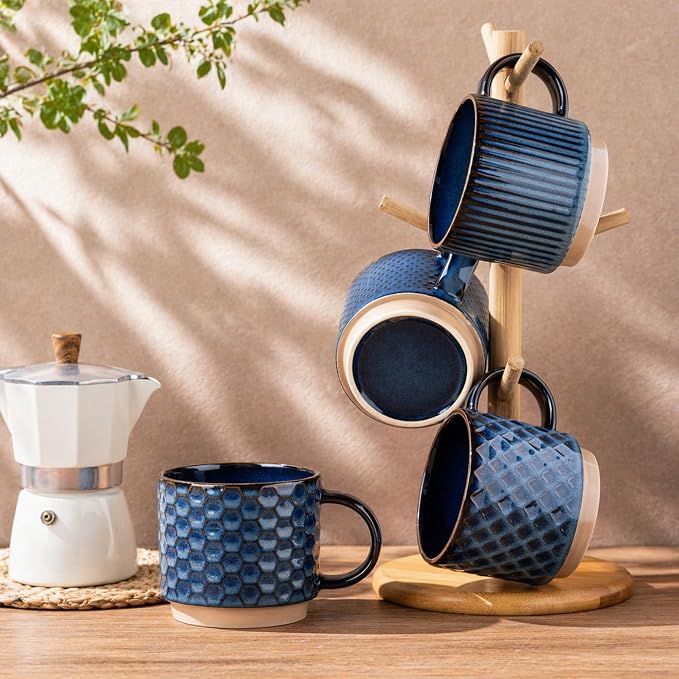 GBhome 12 OZ Stackable Coffee Mugs Set of 4, Ceramic Coffee Cups Set | Coffe Cups With Saucer and Stand, Dishwasher&Microwave Safe, 4 Assorted Designs