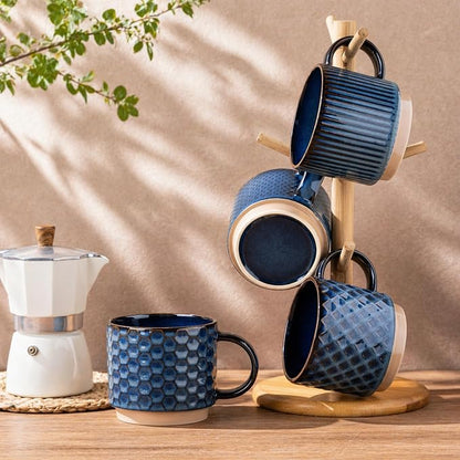 GBhome 12 OZ Stackable Coffee Mugs Set of 4, Ceramic Coffee Cups Set | Coffe Cups With Saucer and Stand, Dishwasher&Microwave Safe, 4 Assorted Designs