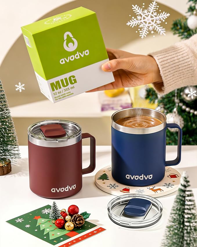 12oz Insulated Coffee Mug with Lid – Includes Two Lids, Stainless Steel Coffee Travel Mug with Handle, Double Wall Vacuum Insulated Camping Mug for Home, Office & Outdoor, Sapphire Blue