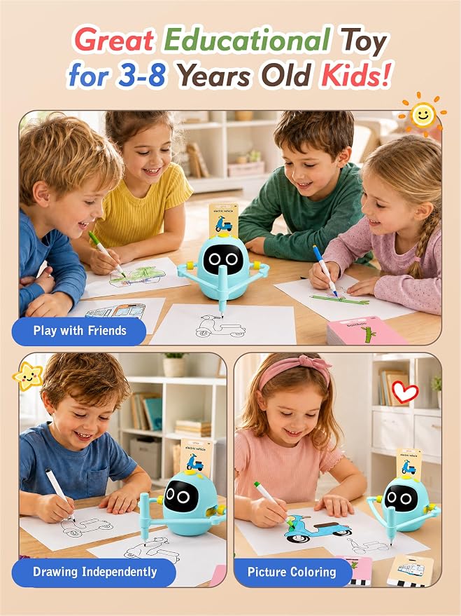 Kikapabi Drawing Robot Toys for Kids, 220 Flash Cards Gift for 3-8 Years Old Boys Girls, Montessori Doodle Art Painting with Voice Interactive for Beginners, Birthday (Blue)