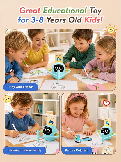 Kikapabi Drawing Robot Toys for Kids, 220 Flash Cards Gift for 3-8 Years Old Boys Girls, Montessori Doodle Art Painting with Voice Interactive for Beginners, Birthday (Blue)