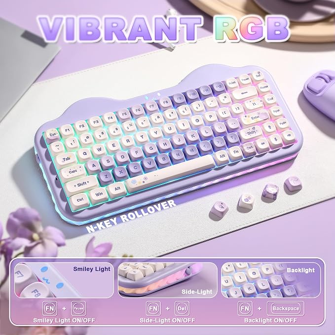 YUNZII C75 Cute 75% Wireless Mechanical Keyboard (Purple, Candy Switch) | Creamy Cake Keyboard, BT5.0/2.4G/USB-C, Hot-Swap, NKRO, PBT MOA Keycaps,5500mAh RGB Gasket Mount for Mac/Win/Gaming/Office