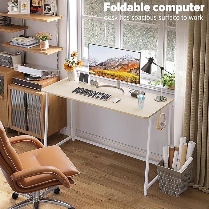 WOHOMO Folding Desk, 47.2" Foldable Computer Table for Small Spaces, Oak | Easy Assembly and Fold, Sturdy Home office desks for Study Bedroom Dorm Space Saving Writing Work Apartment