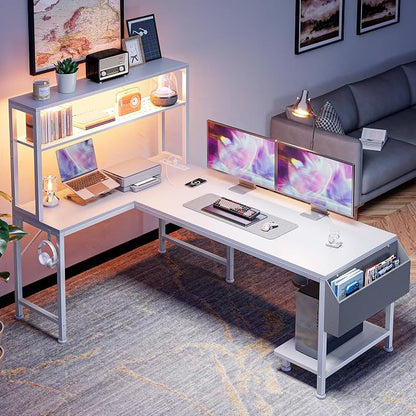 PRAISUN L Shaped Gaming Desk with LED Lights & Power Outlets, Reversible Computer Desk with Storage Shelves & Bag, Large Corner Home Office Desk with Pegboard for Work from Home, White