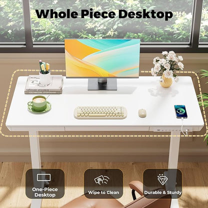 40" Electric Stand up Desk with Drawer, Height Adjustable | Sit Stand Home Office Desk with Storage, One-Piece Tabletop with USB Charging Ports, Quick Assembly Computer Desk on Wheels