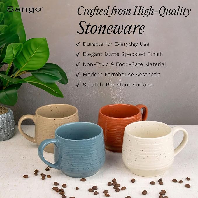SANGO 17.5 oz Stoneware Coffee Mugs Set of 4, Rustic Ceramic Mug with Speckled Reactive Glaze, Large Pottery Drinkware for Coffee or Tea, Dishwasher & Microwave Safe Mugs, Siterra Painter’s Palette