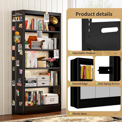 70.9" H Metal Bookshelf, Adjustable Bookcase, 5-Tier Heavy Duty Bookshelf with Bookend, Tall Bookshelves, Bookcase Shelf for Living Room, Office, Library,Classroom (Black-72.8W)