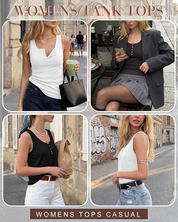 Ficerd 3 Pack Women's Henley Tank Tops Sleeveless Button Down Summer Shirts 2026 Casual Trendy Loose U Neck Tee Blouses