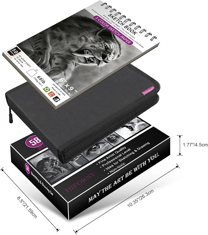 HIFORNY 58 PCS Drawing Kit Sketching Pencil Set,Sketch Pencils Art Supplies with 3-Color Sketchbook,Graphite,Charcoal,Blending Tools,Drawing Pencils for Adults Artists