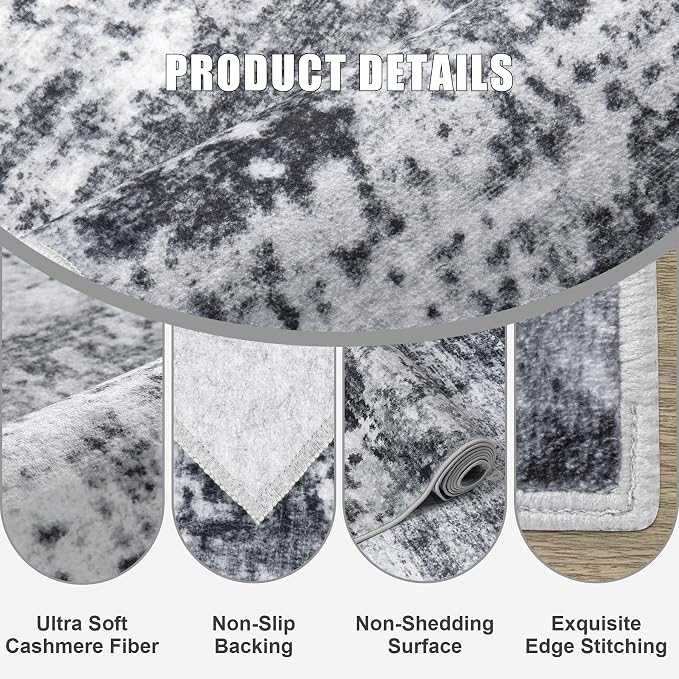 Round Area Rug for Living Room: 6 ft Washable Modern Abstract Soft Thin Rug Indoor Floor No Slip Stain Resistant Carpet for Bedroom Dining Room Farmhouse Nursery Home Office - Dark Black
