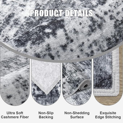 Round Area Rug for Living Room: 6 ft Washable Modern Abstract Soft Thin Rug Indoor Floor No Slip Stain Resistant Carpet for Bedroom Dining Room Farmhouse Nursery Home Office - Dark Black