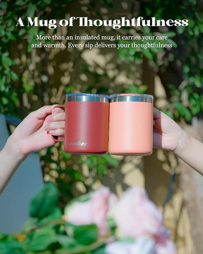 12oz Insulated Coffee Mug with Lid – Includes Two Lids, Stainless Steel Coffee Travel Mug with Handle, Double Wall Vacuum Insulated Camping Mug for Home, Office & Outdoor, Rose Gold