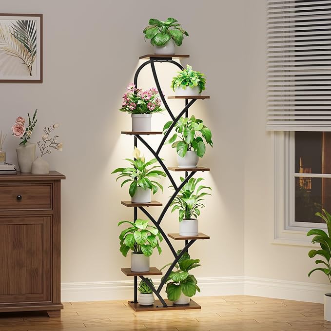 Plant Stand Indoor With Grow Lights - Corner Plant Stand For Indoor Plants, 51" Lighted Plant Shelf Indoor, 8 Tiered Tall Flower Holder, Dsiplay Rack For Living Room, Hallway, Home Décor