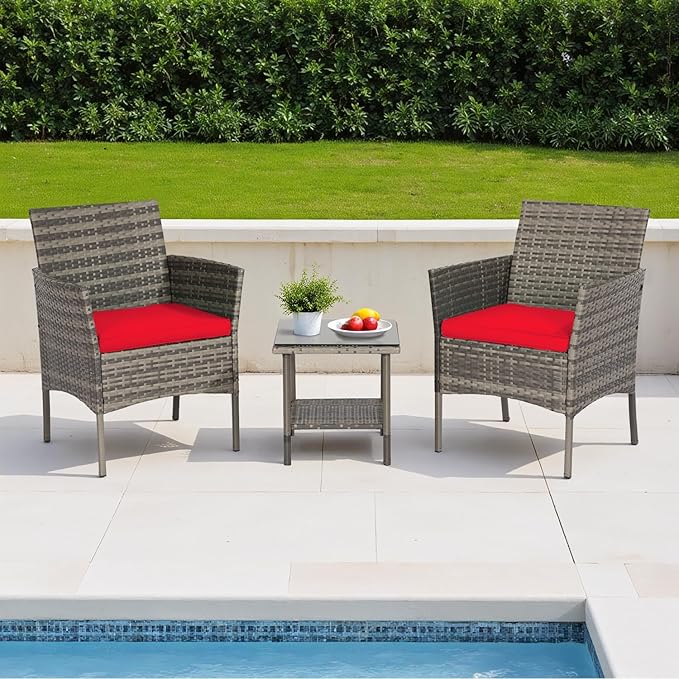 FDW | 3-Piece Patio Furniture Set | Gray & Red | Outdoor Wicker Furniture with Coffee Table | Modern Rattan Chairs Conversation Set | Outdoor Seating | Weather-Resistant | for Porch, Garden, Lawn