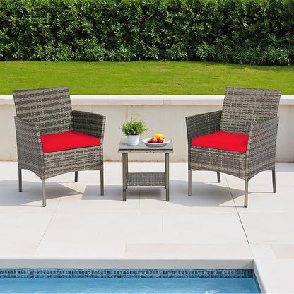 FDW | 3-Piece Patio Furniture Set | Gray & Red | Outdoor Wicker Furniture with Coffee Table | Modern Rattan Chairs Conversation Set | Outdoor Seating | Weather-Resistant | for Porch, Garden, Lawn
