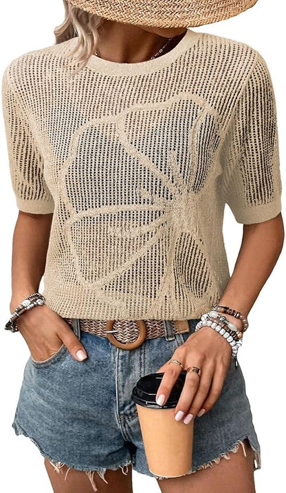 Dokotoo Womens Summer Short Sleeve Crochet Tops Hollow Out Floral Sweaters Beach Vacation Cruise Outfits