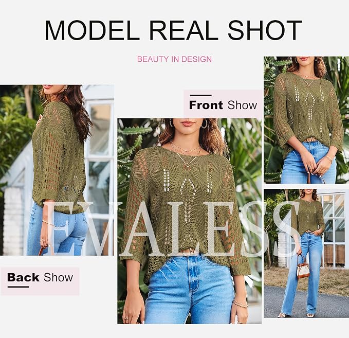 EVALESS Womens Crochet Hollow Out Knit Tops Half Sleeve Spring Summer Sweaters Beach Cover Ups for Women Trendy 2026