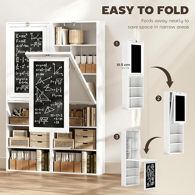 HOMCOM Foldable Convertible Writing Table Space-Saving Computer Desk White | Wall Mounted Design, Chalkboard, Storage Shelves, for Small Spaces, Home Office, Bedroom, Dorm, Apartment