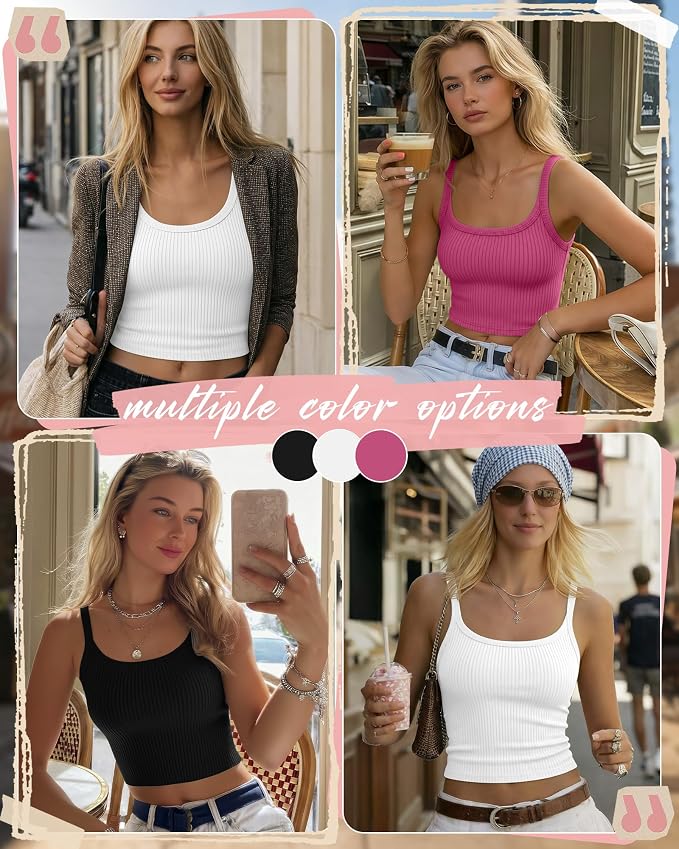 Ficerd 3 Pack Women's Tank Tops 95% Cotton Spaghetti Strap Ribbed Crop Camisole Slim Fitted Basic Summer Sleeveless Layer