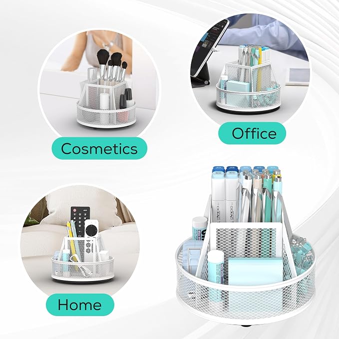 YINGHUA Metal Mesh Desk Organizer with 5 Compartments and Rotating Pencil Holder Pen and Stationery Organizer for Office Home School Anti Slip Base White