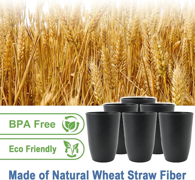 Wheat Straw Cups 6 Pcs, 16 OZ Plastic Drinking Cups, Unbreakable Plastic Drinking Glasses, Alternative to Plastic Cups Reusable, Dishwasher Safe Kitchen Cups for Party, Bathroom, RV (Black)